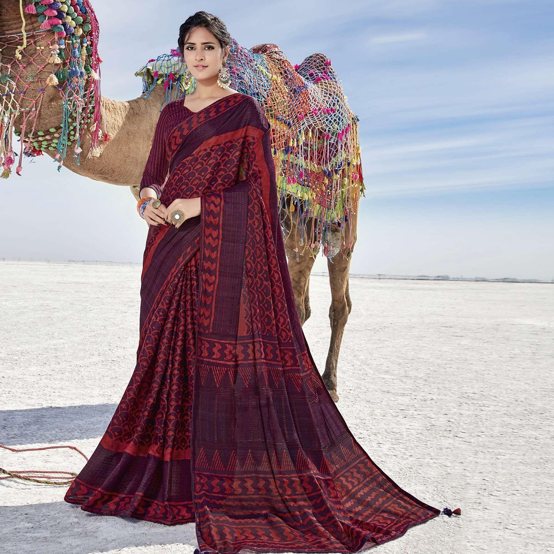 Maroon Casual Wear Printed Cotton Silk Saree