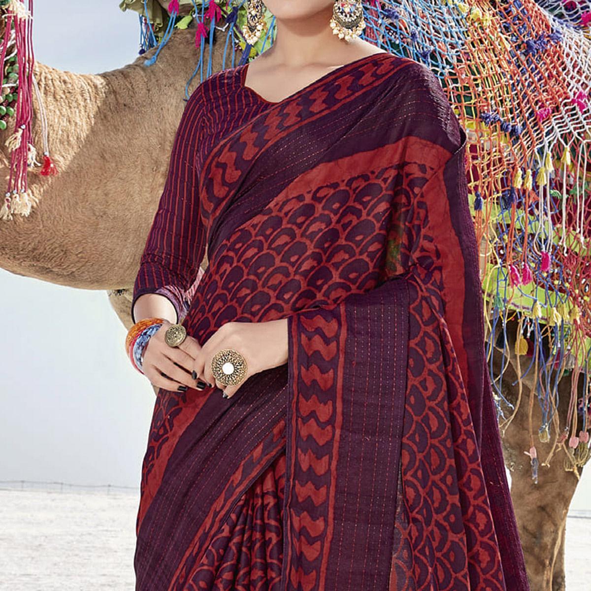 Maroon Casual Wear Printed Cotton Silk Saree