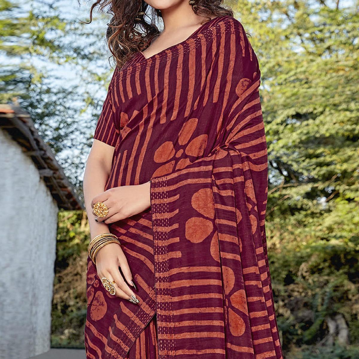 Maroon Casual Wear Printed Cotton Silk Saree