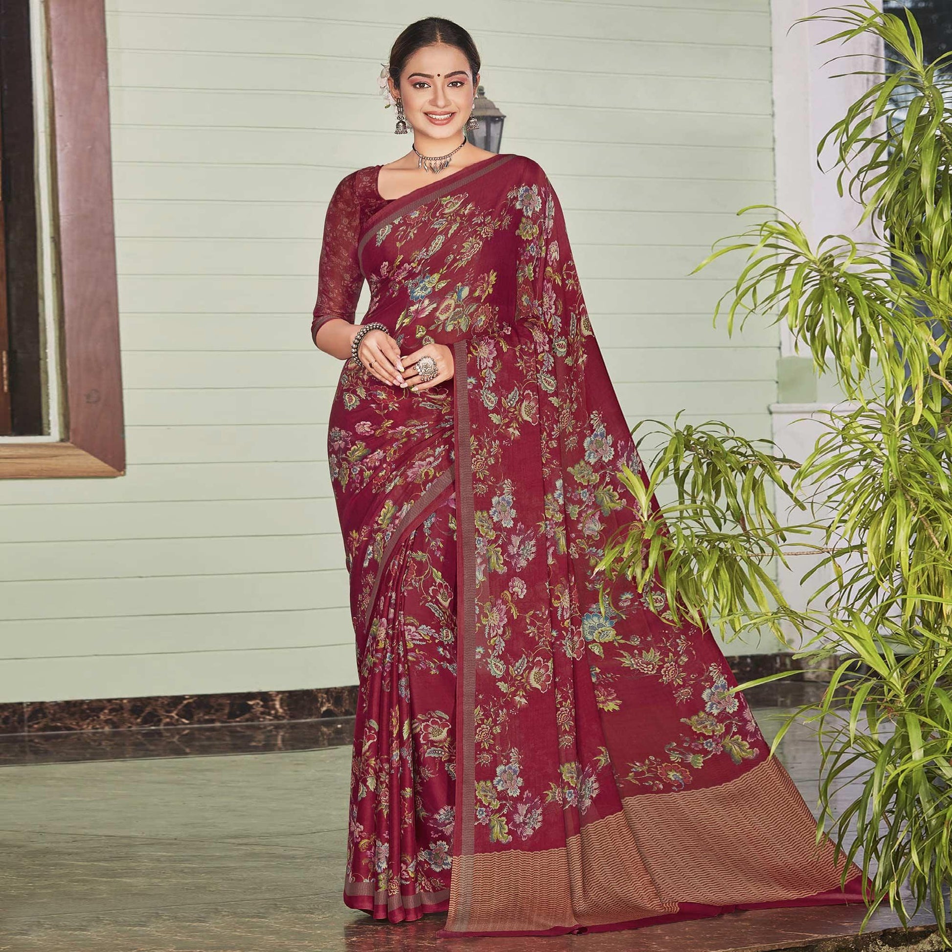 Maroon Casual Wear Printed Crepe Saree