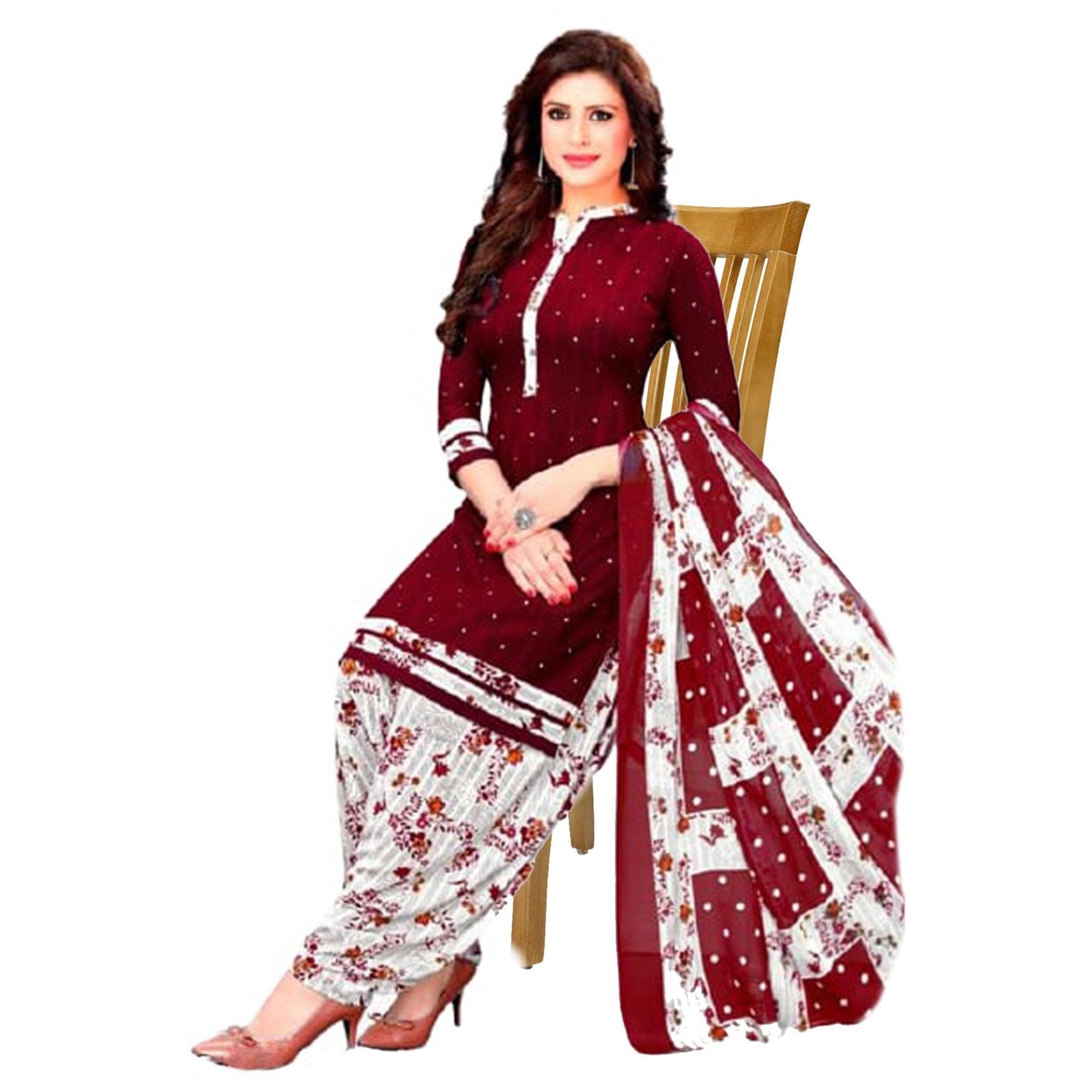 Maroon Casual Wear Printed Leon Patiala Dress Material