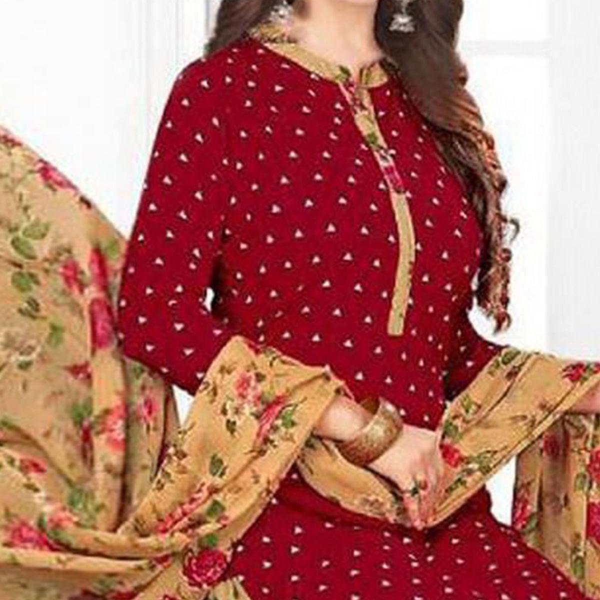 Maroon Casual Wear Printed Leon Patiala Dress Material