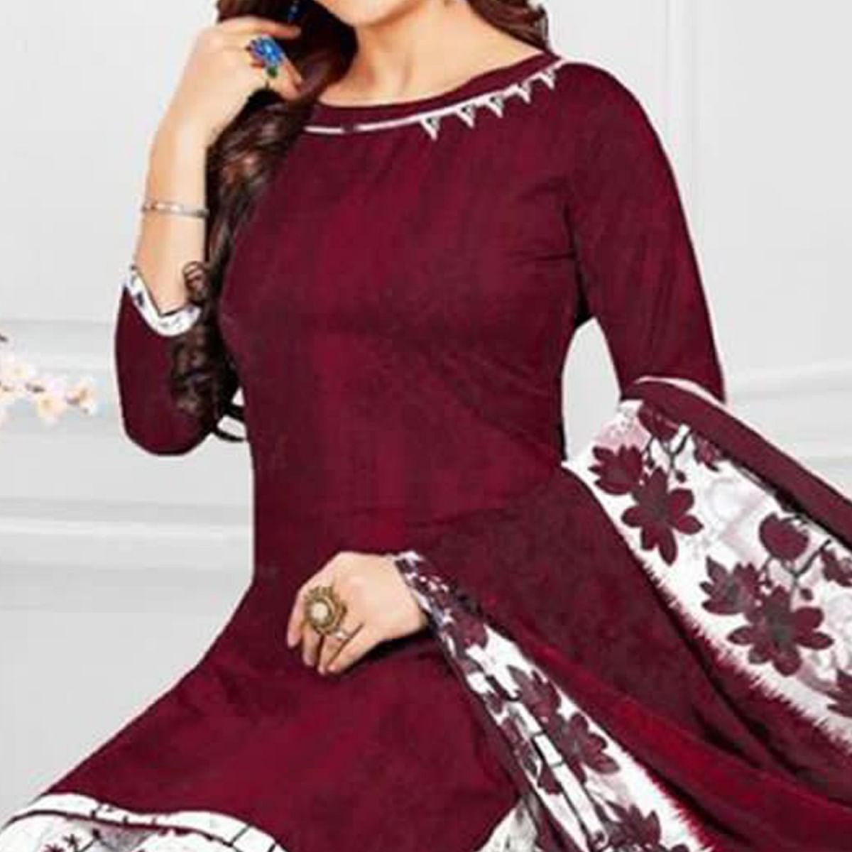 Maroon Casual Wear Printed Leon Patiala Dress Material