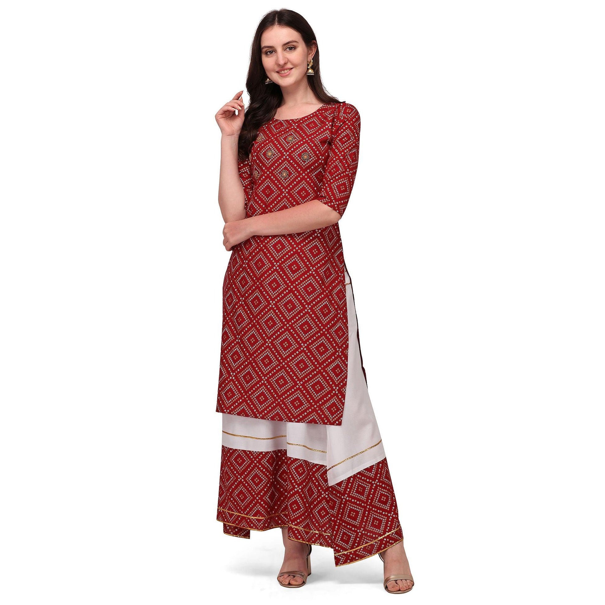 Maroon Casual Wear Printed Rayon Kurti - Skirt Set