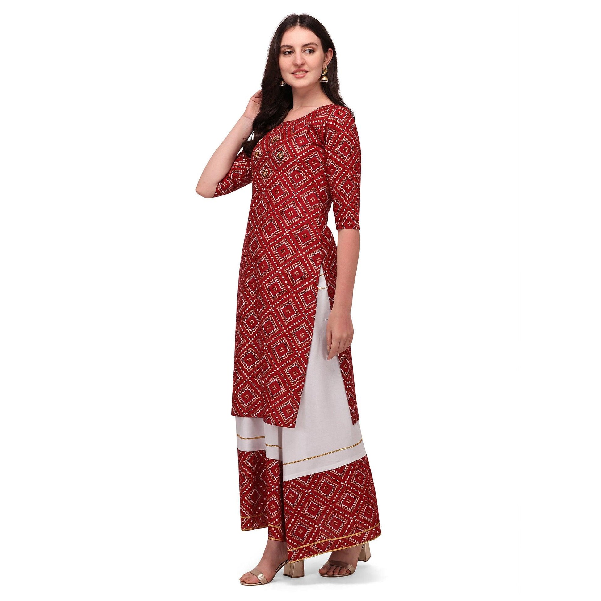Maroon Casual Wear Printed Rayon Kurti - Skirt Set