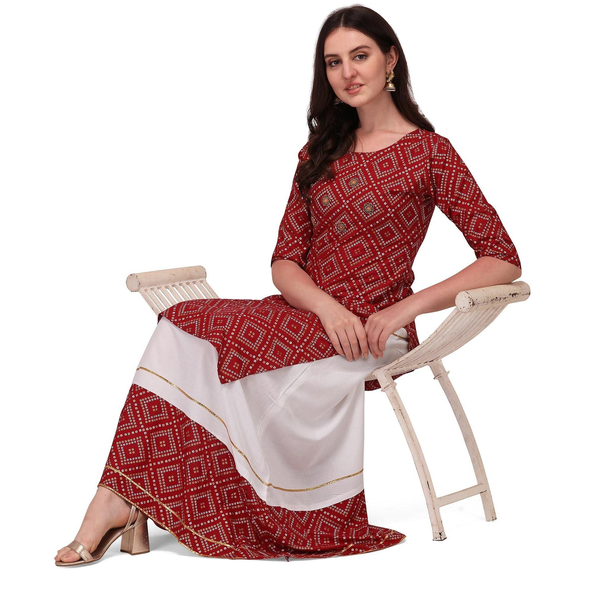Maroon Casual Wear Printed Rayon Kurti - Skirt Set