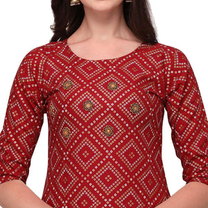 Maroon Casual Wear Printed Rayon Kurti - Skirt Set