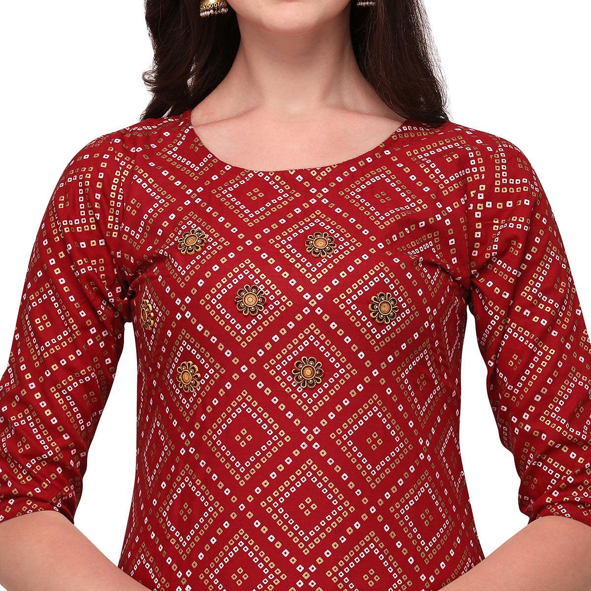 Maroon Casual Wear Printed Rayon Kurti - Skirt Set