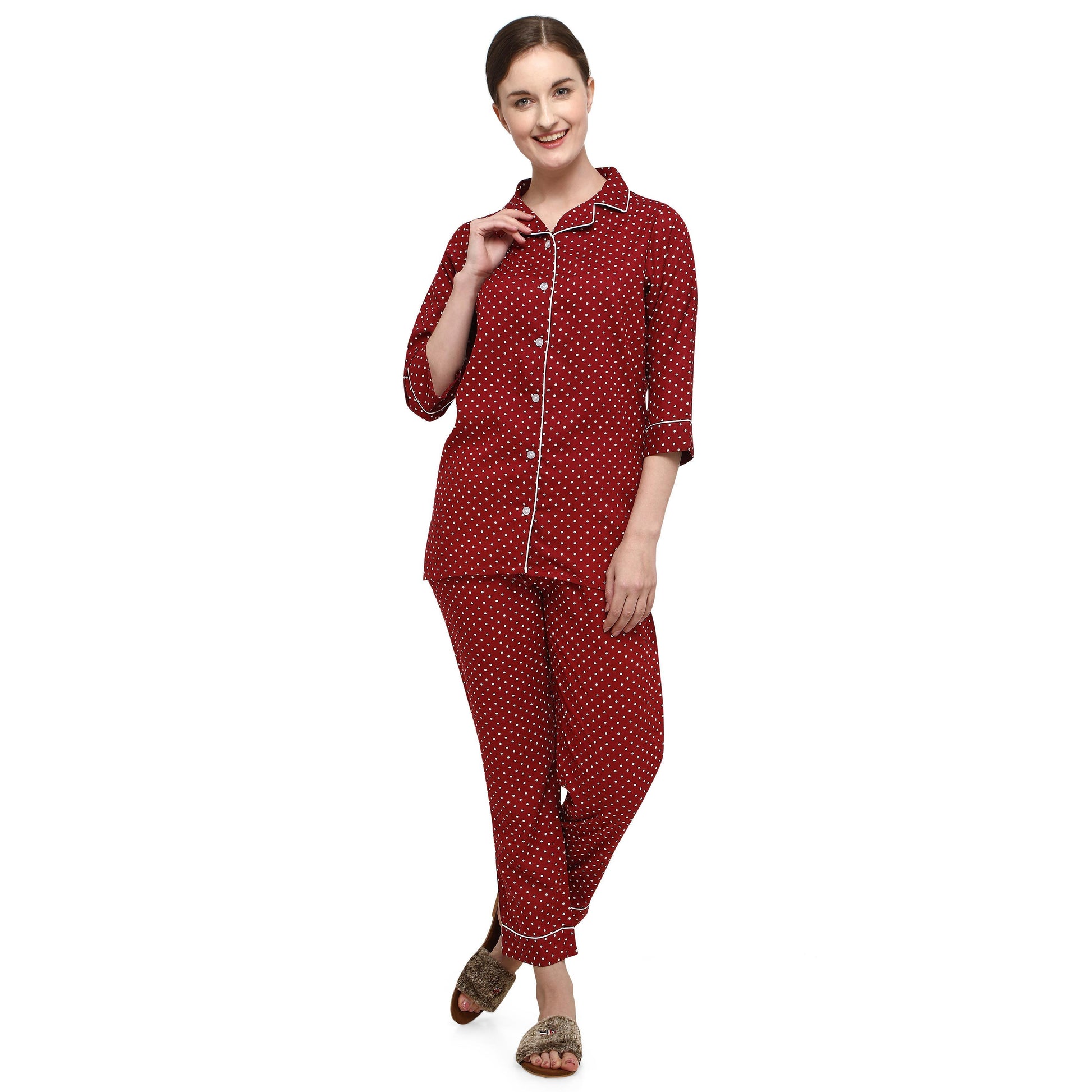 Maroon Casual Wear Printed Rayon Night Suit