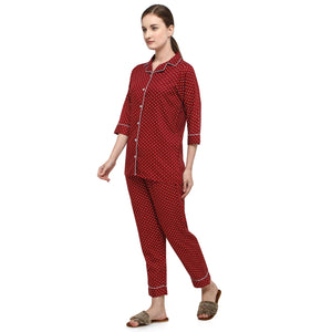 Maroon Casual Wear Printed Rayon Night Suit