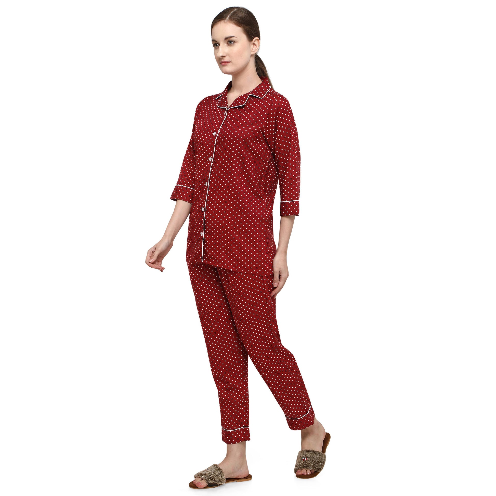 Maroon Casual Wear Printed Rayon Night Suit