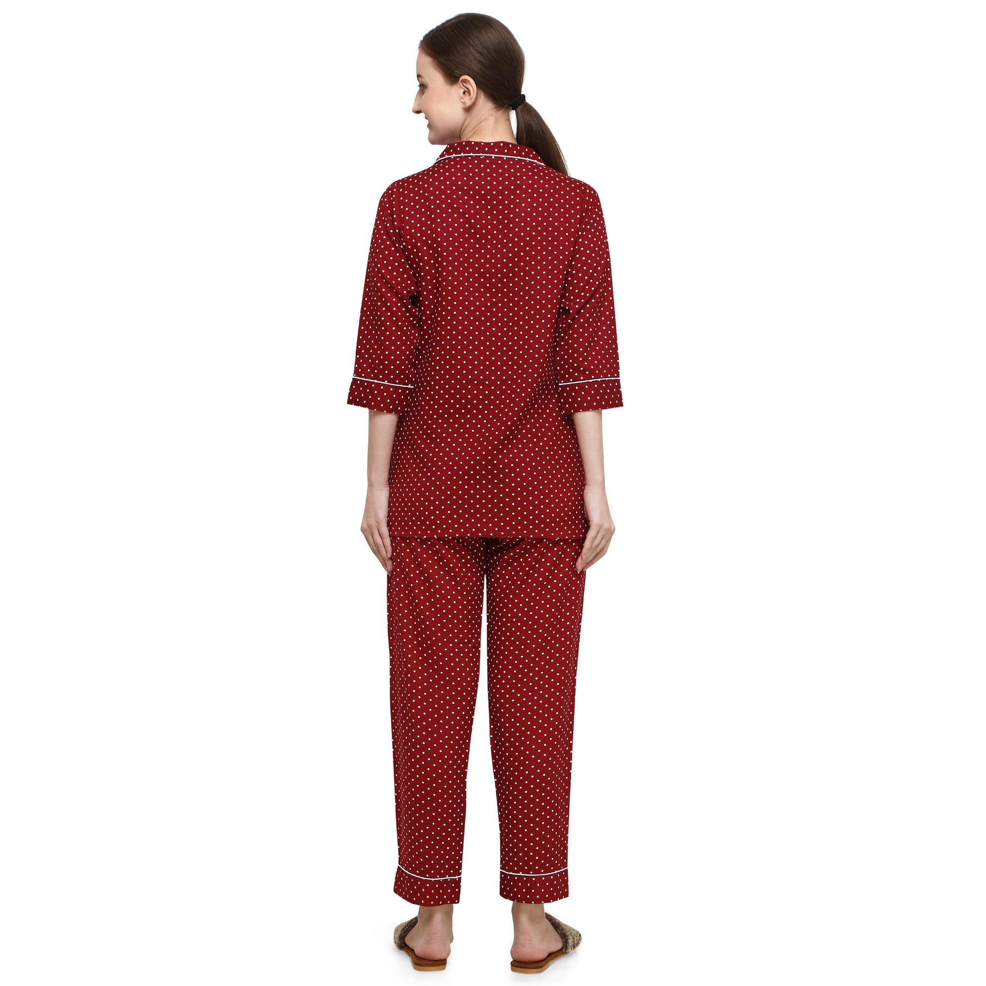 Maroon Casual Wear Printed Rayon Night Suit