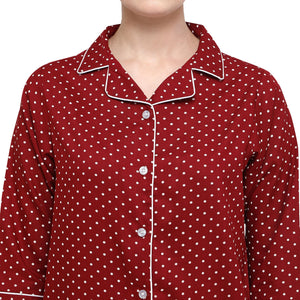 Maroon Casual Wear Printed Rayon Night Suit