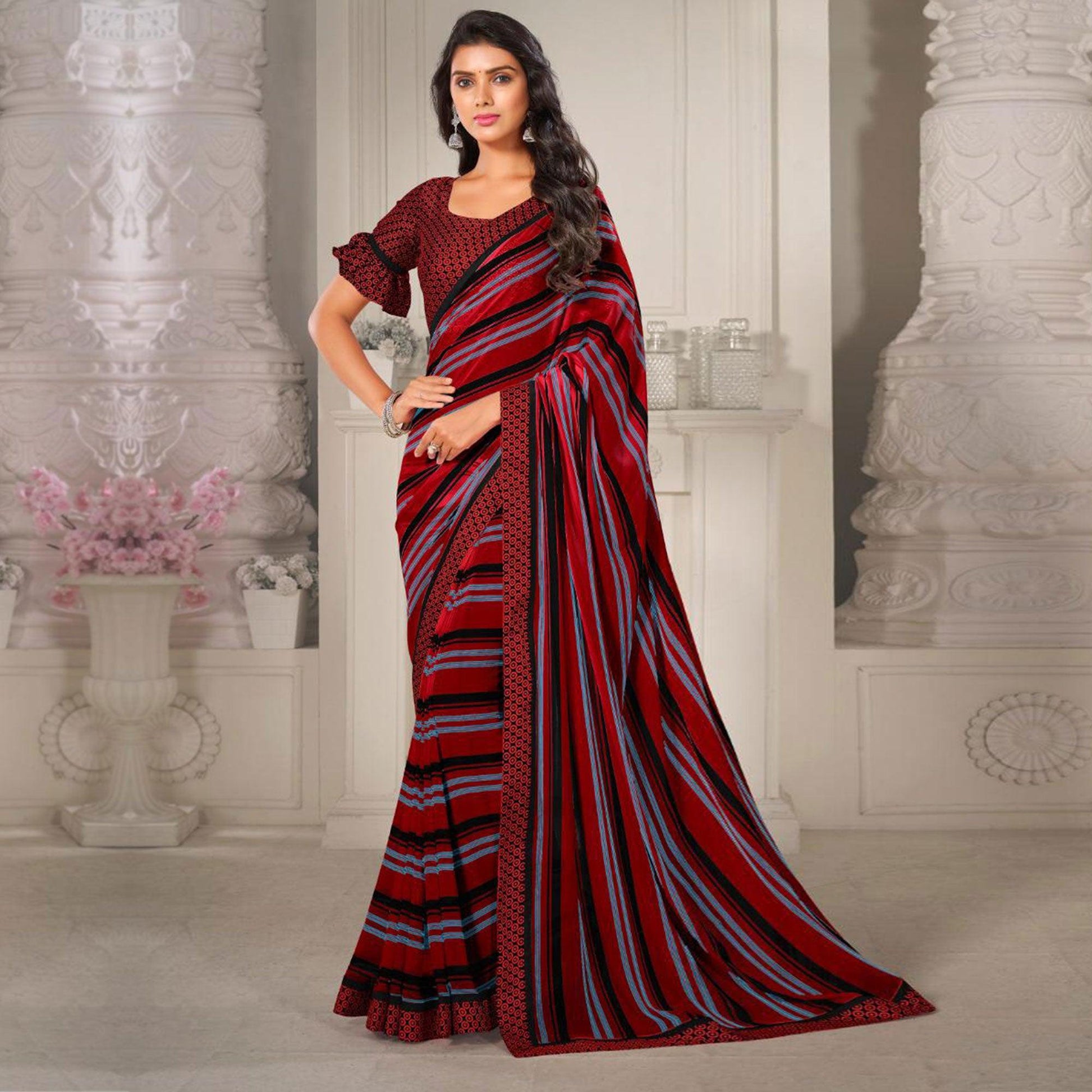 Maroon Casual Wear Printed Satin Saree
