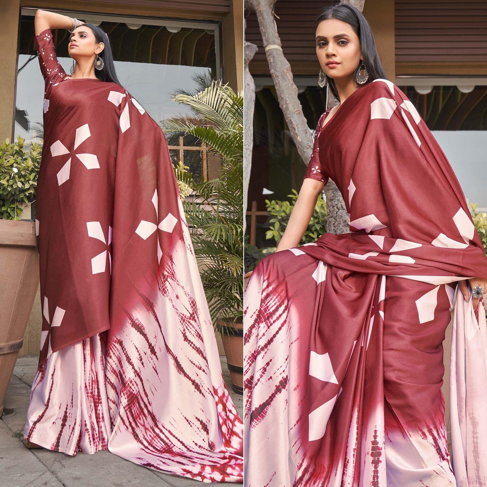 Maroon Casual Wear Printed Satin Silk Saree