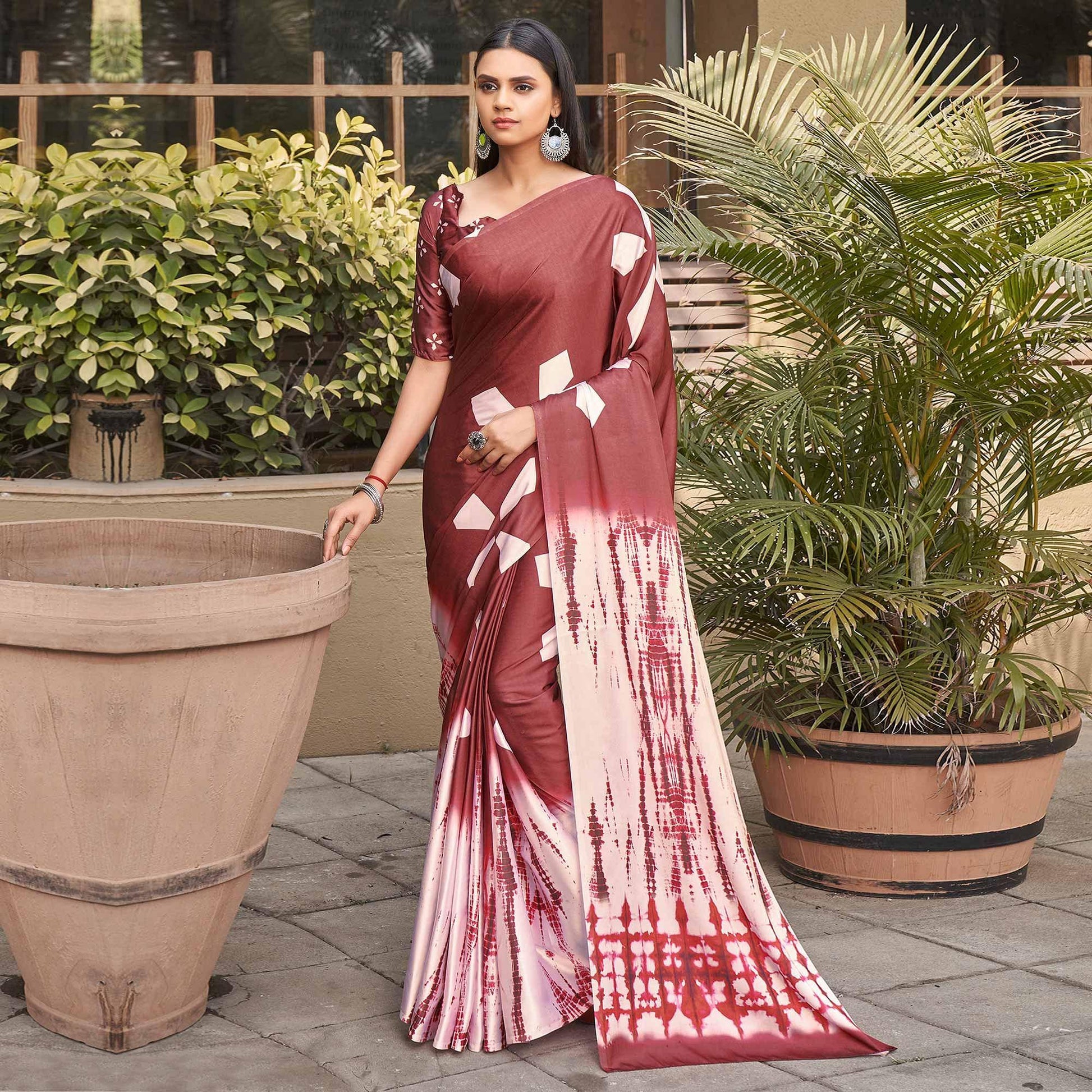Maroon Casual Wear Printed Satin Silk Saree