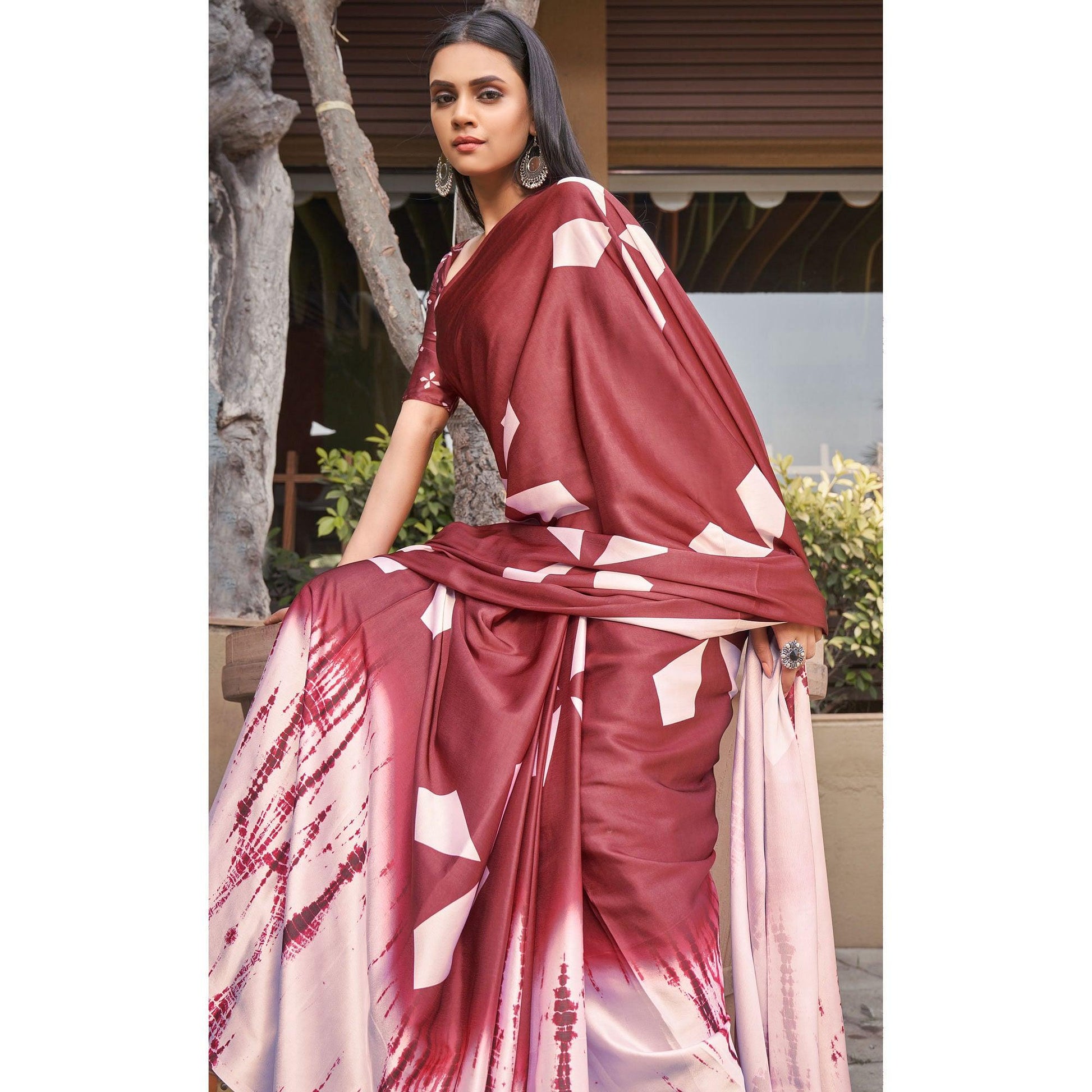 Maroon Casual Wear Printed Satin Silk Saree