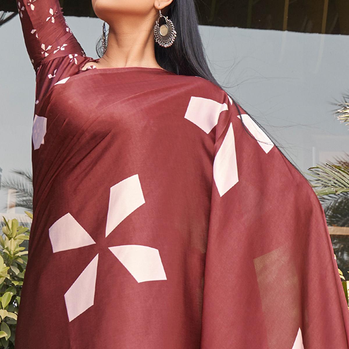 Maroon Casual Wear Printed Satin Silk Saree