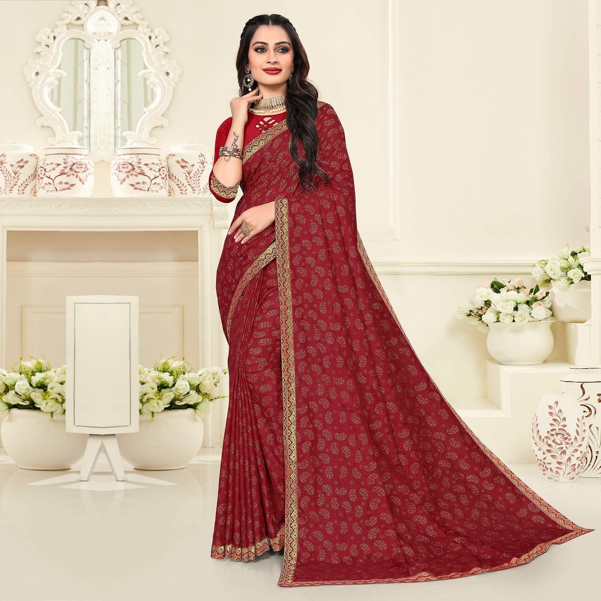 Maroon Casual Wear Printed Vichitra Silk Saree