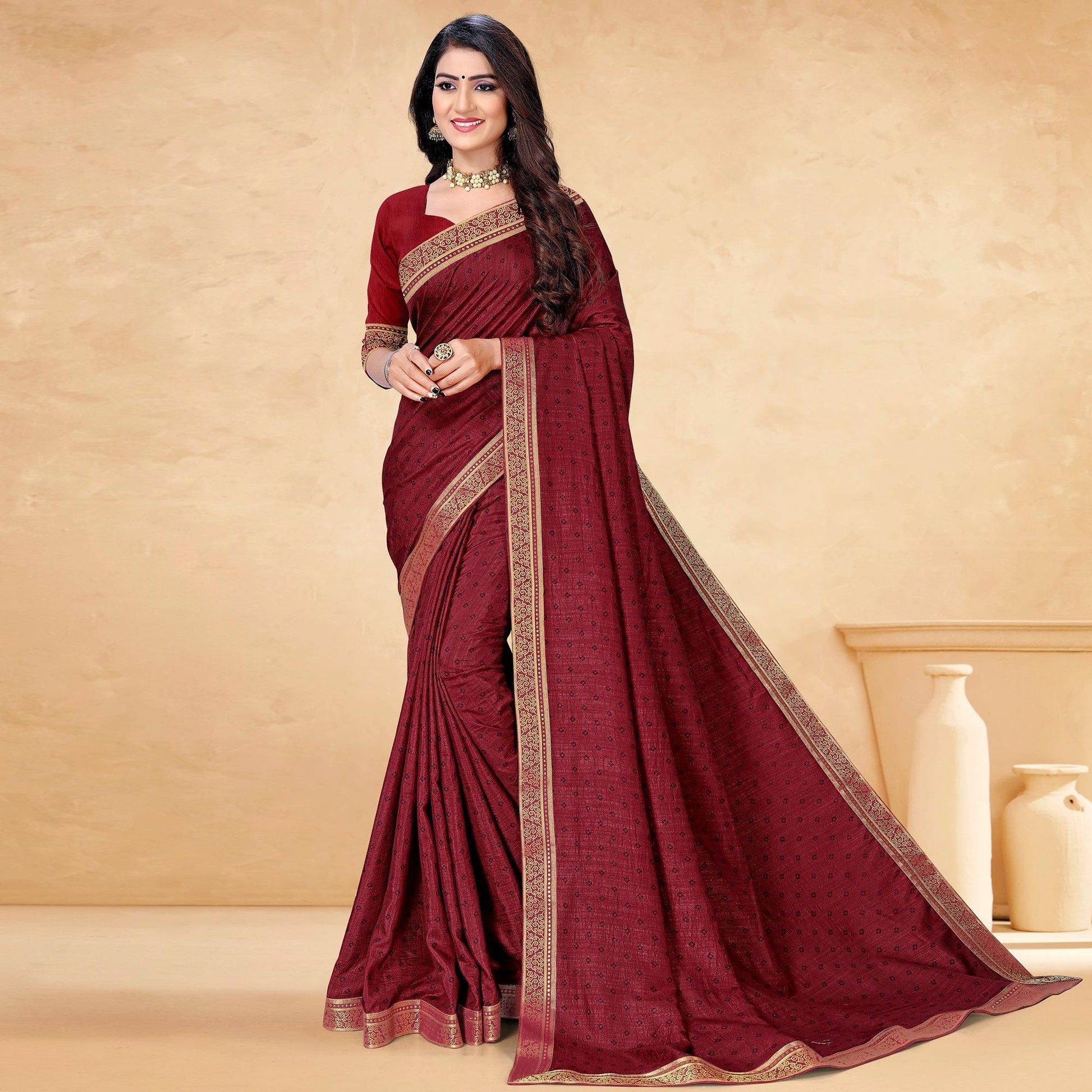 Maroon Casual Wear Printed Vichitra Silk Saree