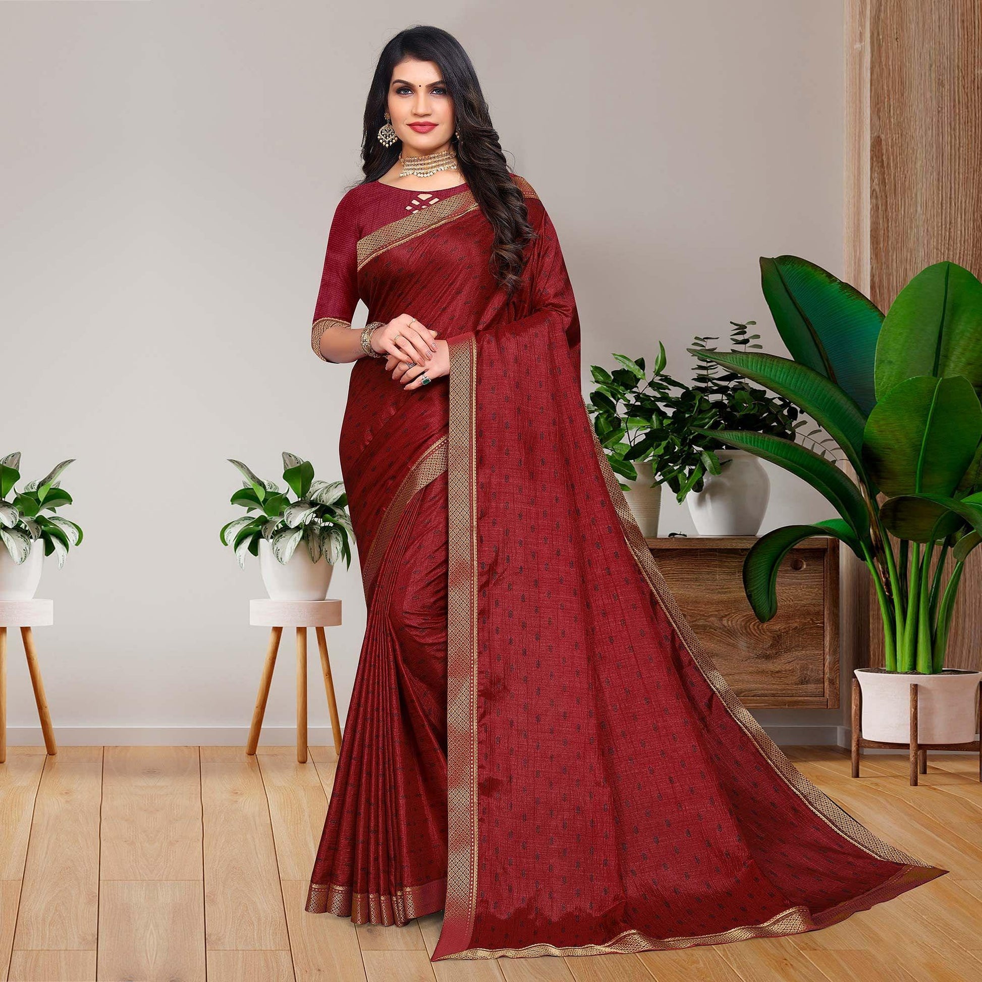 Maroon Casual Wear Printed Vichitra Silk Saree