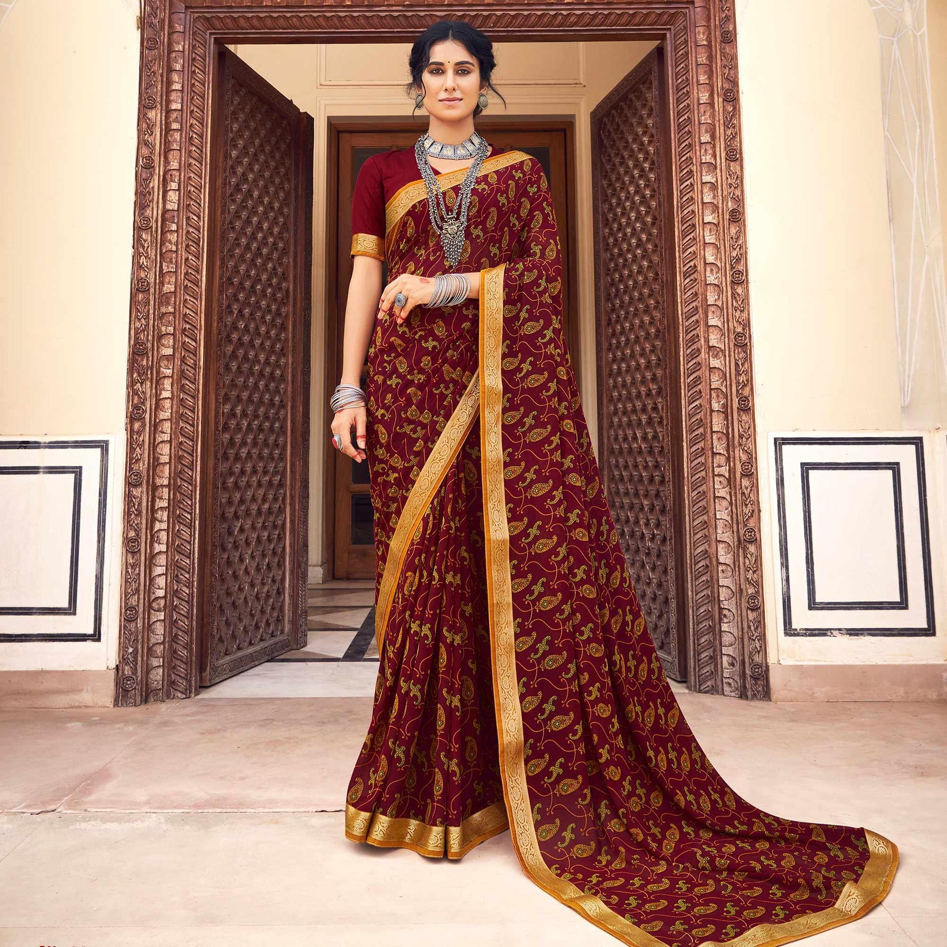 Maroon Casual Wear Printed Weightless Georgette Saree