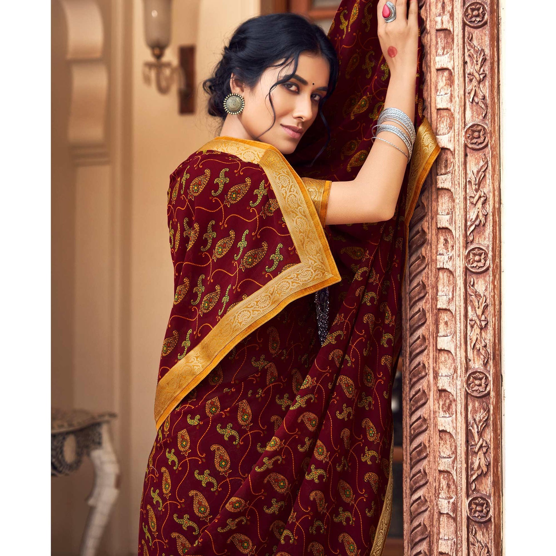 Maroon Casual Wear Printed Weightless Georgette Saree