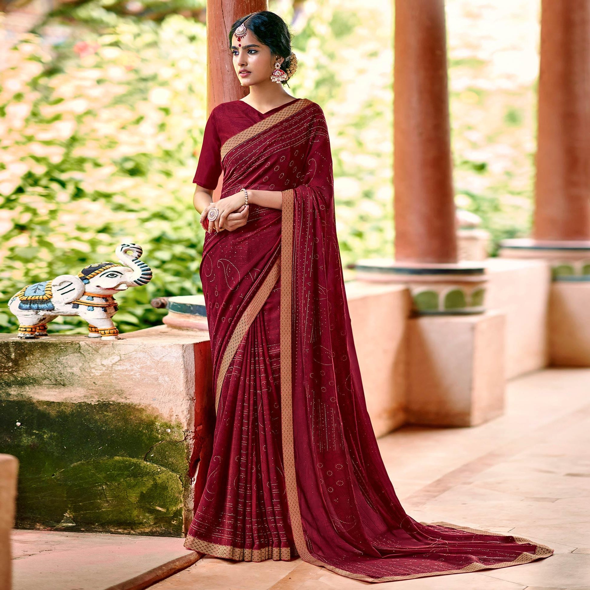 Maroon Casual Wear Printed With Fancy Lace Georgette Saree