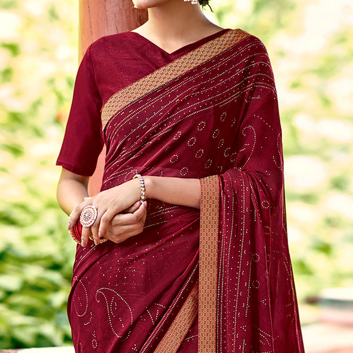 Maroon Casual Wear Printed With Fancy Lace Georgette Saree