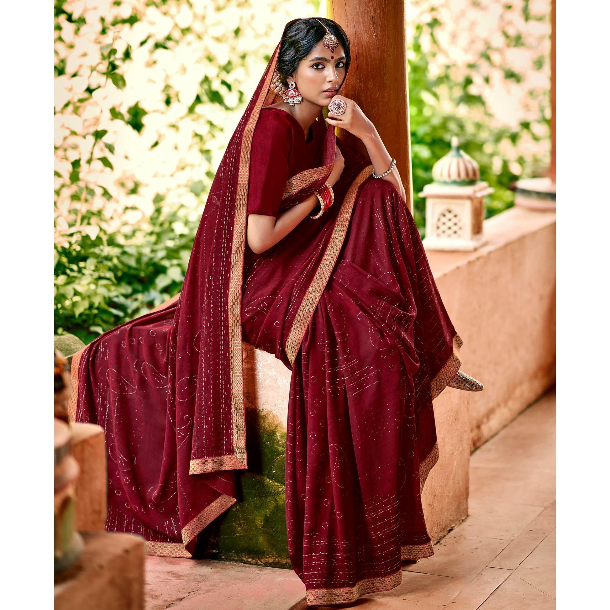 Maroon Casual Wear Printed With Fancy Lace Georgette Saree