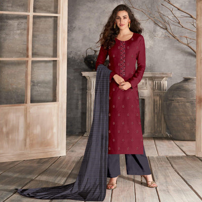 Maroon Casual Wear Sequins Embroidered Chinon Silk Dress Material