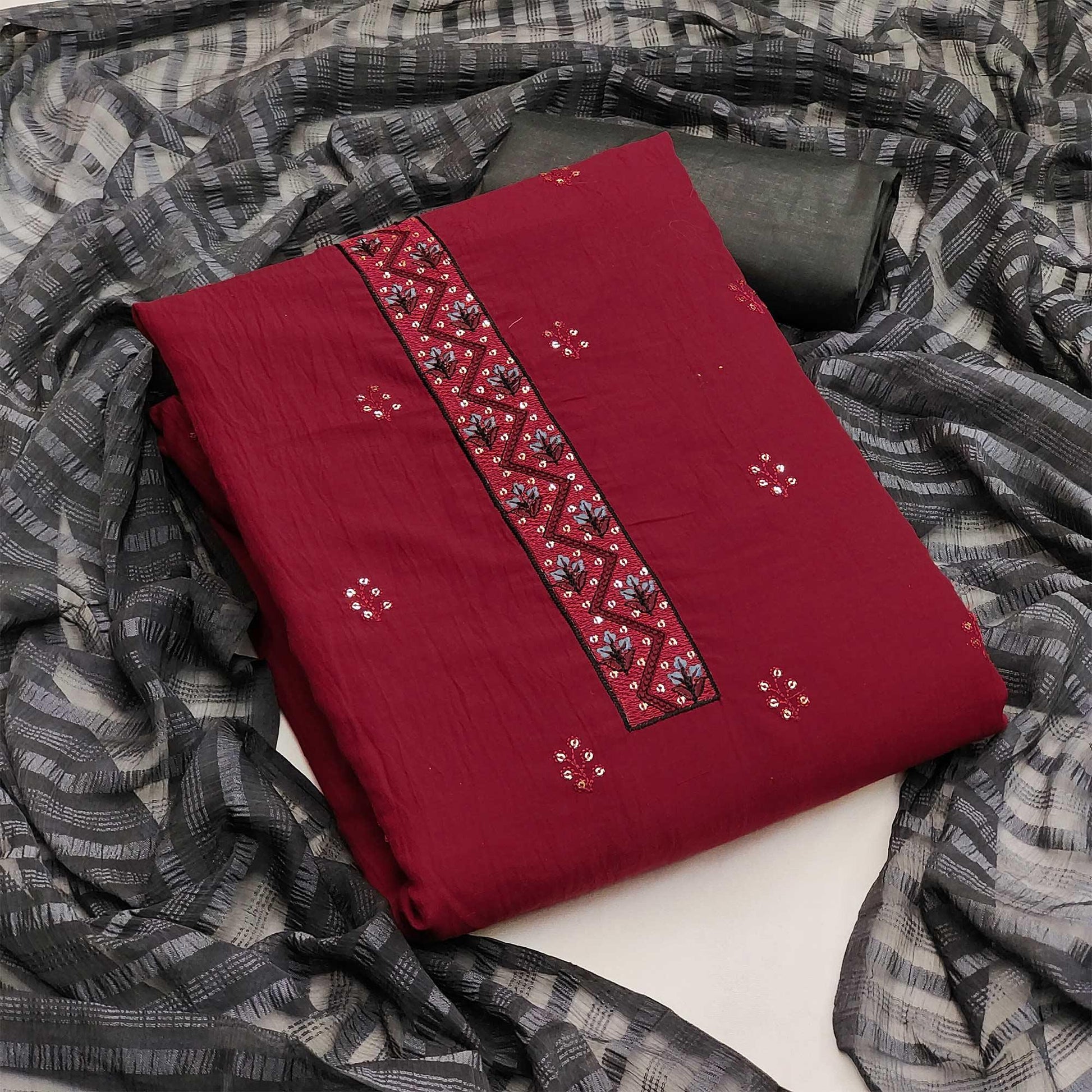 Maroon Casual Wear Sequins Embroidered Chinon Silk Dress Material