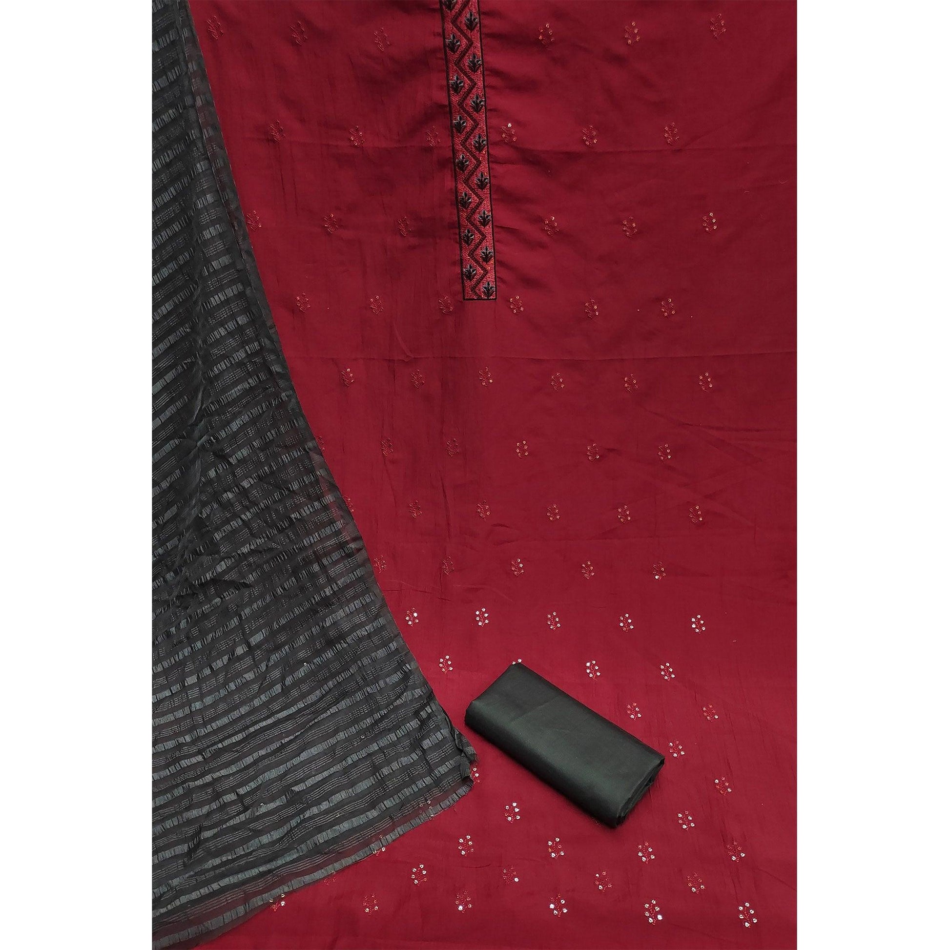 Maroon Casual Wear Sequins Embroidered Chinon Silk Dress Material