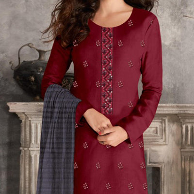 Maroon Casual Wear Sequins Embroidered Chinon Silk Dress Material