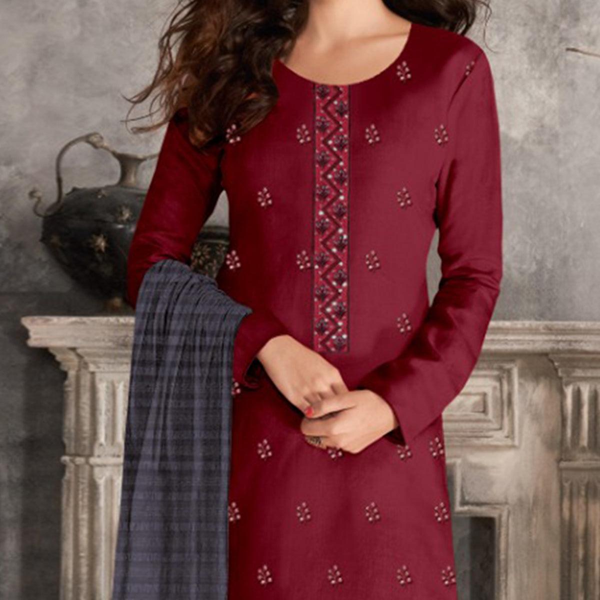 Maroon Casual Wear Sequins Embroidered Chinon Silk Dress Material