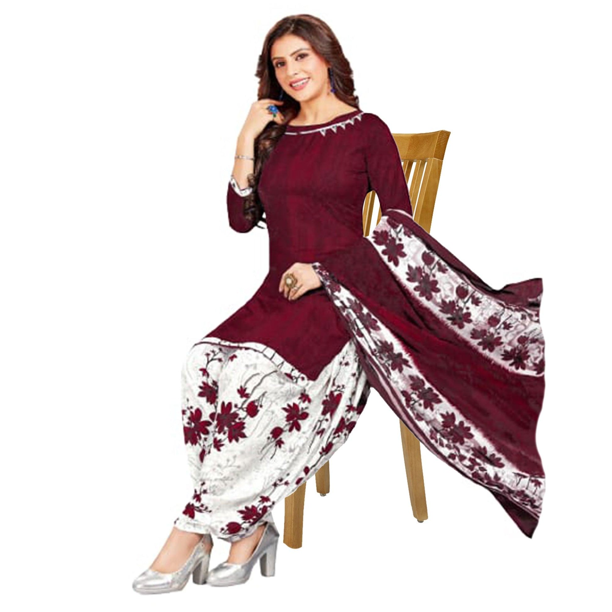 Maroon Casual Wear Solid-Printed Leon Patiala Dress Material