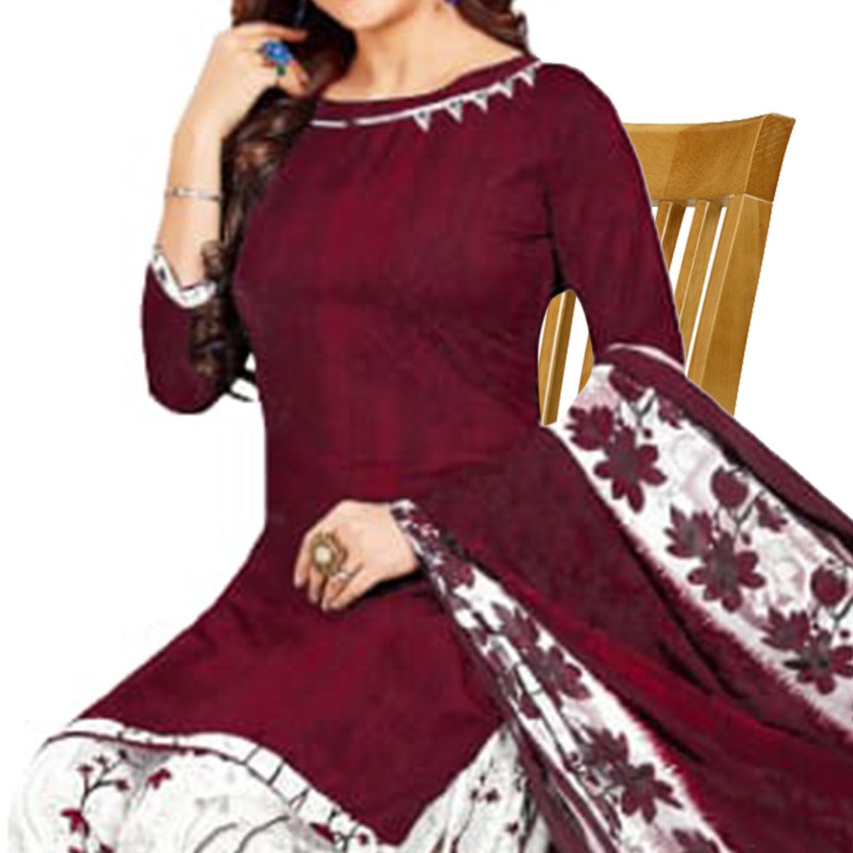 Maroon Casual Wear Solid-Printed Leon Patiala Dress Material