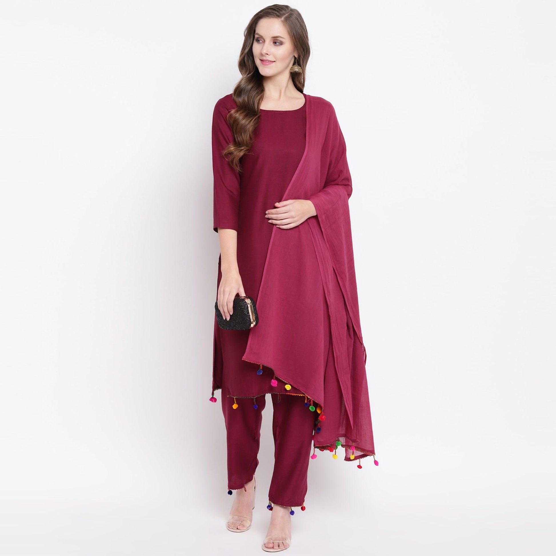 Maroon Casual Wear Solid Rayon Suit