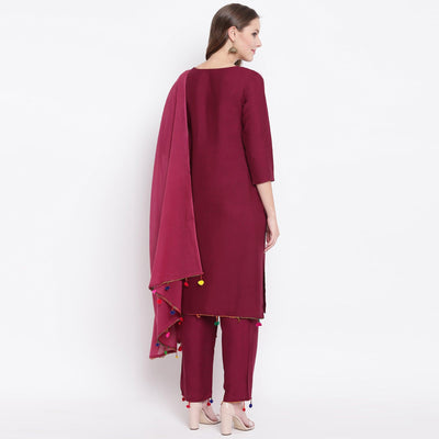 Maroon Casual Wear Solid Rayon Suit