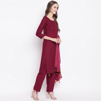 Maroon Casual Wear Solid Rayon Suit