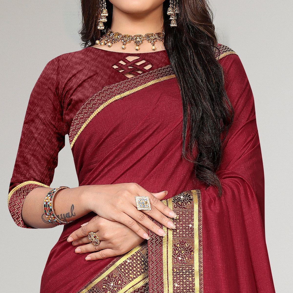 Maroon Casual Wear Solid Vichitra Silk Saree