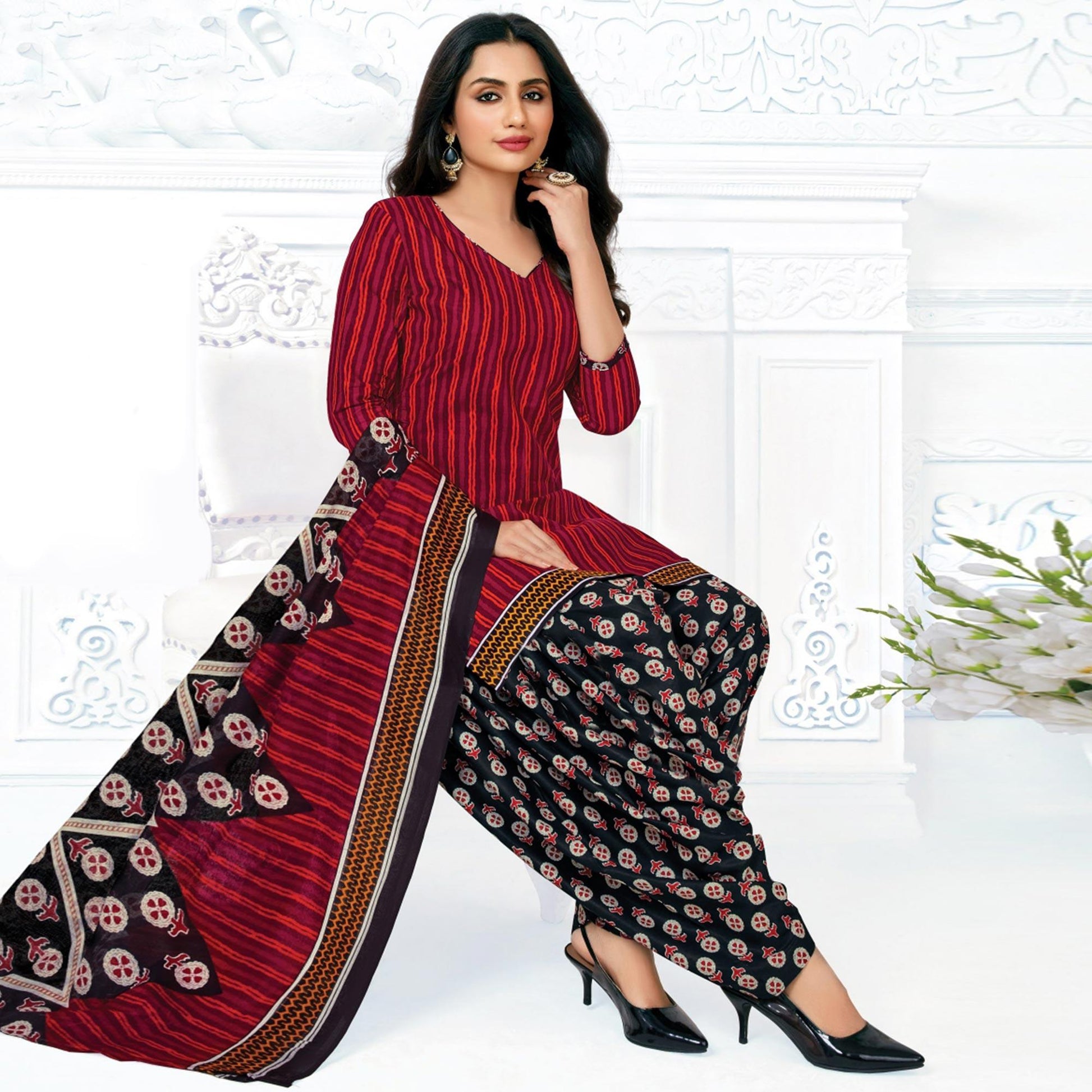 Maroon Casual Wear Striped Printed Cotton Patiala Dress Material