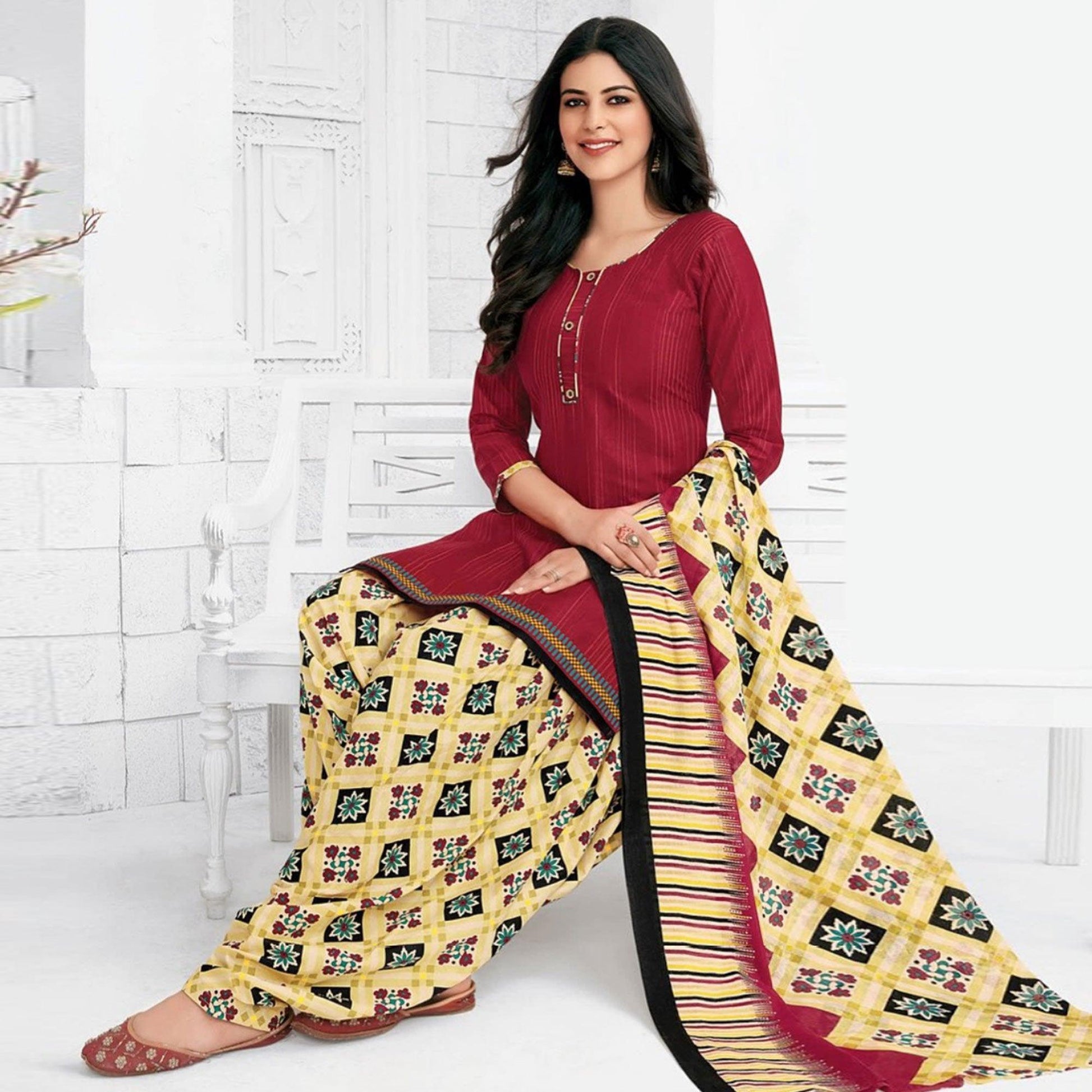 Maroon Casual Wear Stripes Printed Stitched Cotton Patiyala Suit With Dupatta