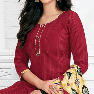 Maroon Casual Wear Stripes Printed Stitched Cotton Patiyala Suit With Dupatta