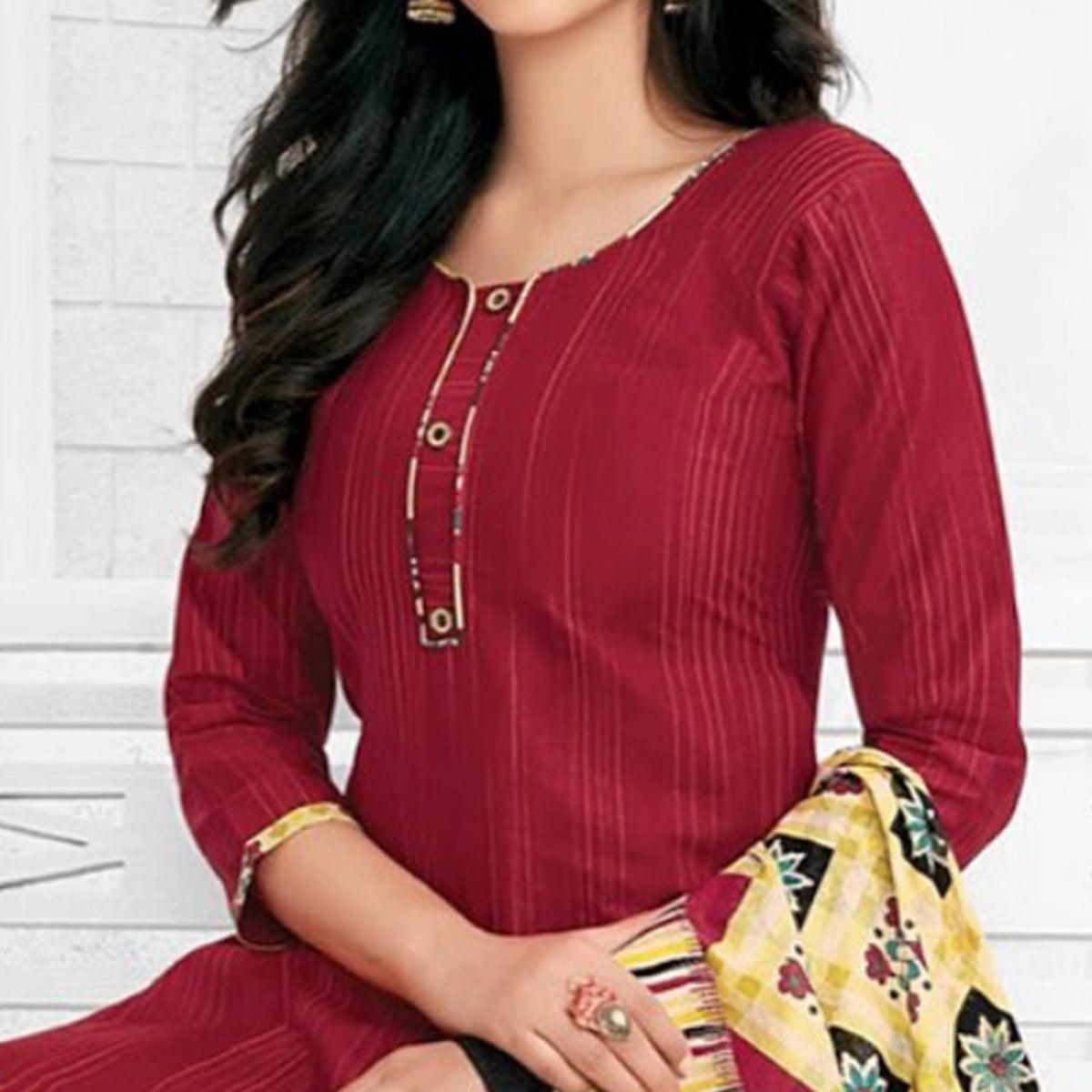 Maroon Casual Wear Stripes Printed Stitched Cotton Patiyala Suit With Dupatta