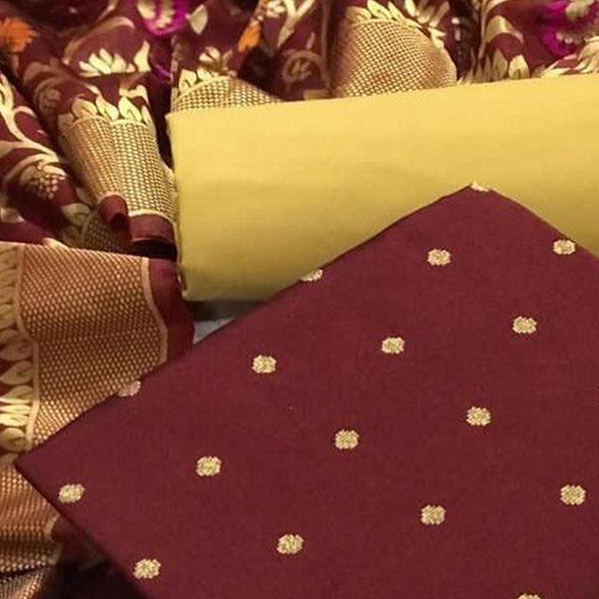 Maroon Casual Wear Woven Banarasi Silk Dress Material