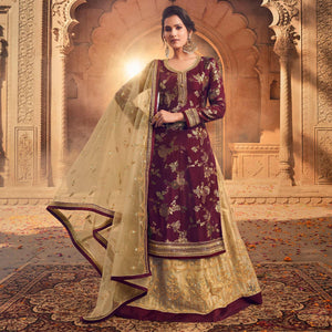 Maroon-Chikoo Festive Wear Floral Emboidered With Diamond Net Lehenga Choli