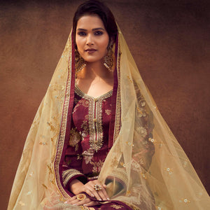 Maroon-Chikoo Festive Wear Floral Emboidered With Diamond Net Lehenga Choli