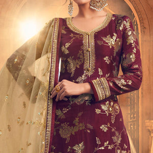 Maroon-Chikoo Festive Wear Floral Emboidered With Diamond Net Lehenga Choli