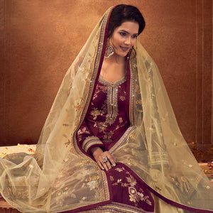 Maroon-Chikoo Festive Wear Floral Emboidered With Diamond Net Lehenga Choli